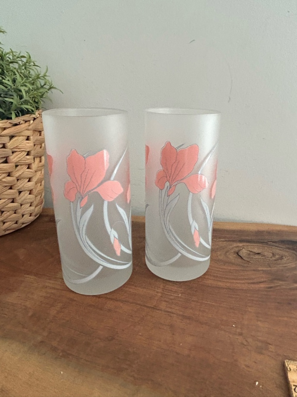 Set of 2- Vintage  Italian CERVE Frosted GLASSES with Pink IRIS Floral